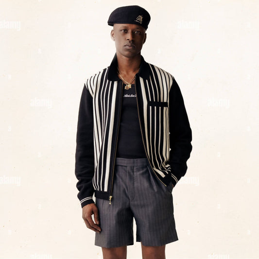 Aime Leon Dore X Popeye magazine Striped Polo Cardigan "Jet Black"