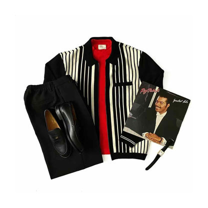 Aime Leon Dore X Popeye magazine Striped Polo Cardigan "Jet Black"